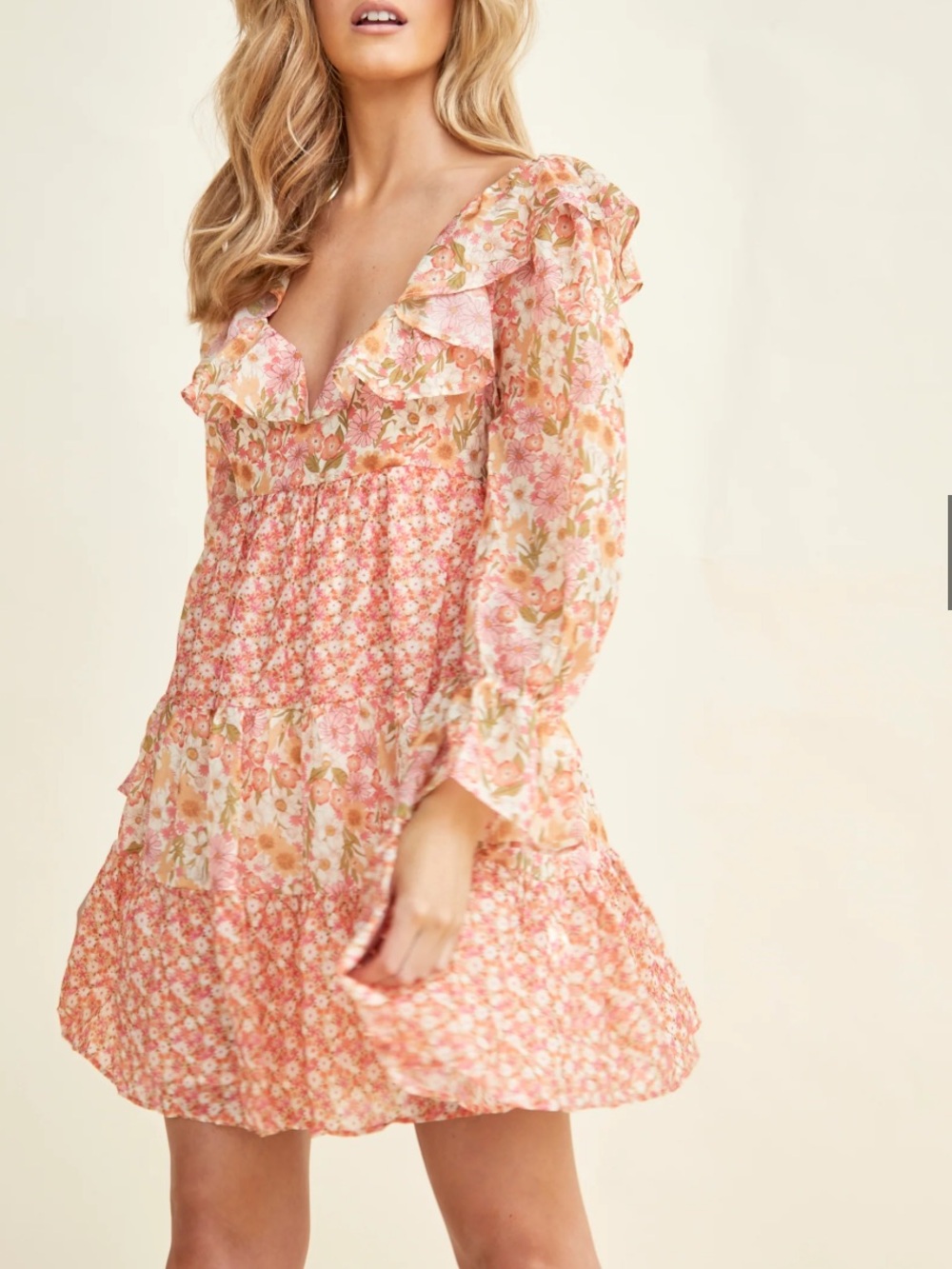 Glamorous Peach Floral Ruffle Mini Dress Size US 12 - Picture 2 of 6